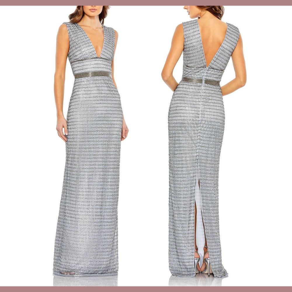NWT $598 Mac Duggal [ 6 ]‎ Beaded Cap Sleeve V Neck Column Gown in Silver #G1823